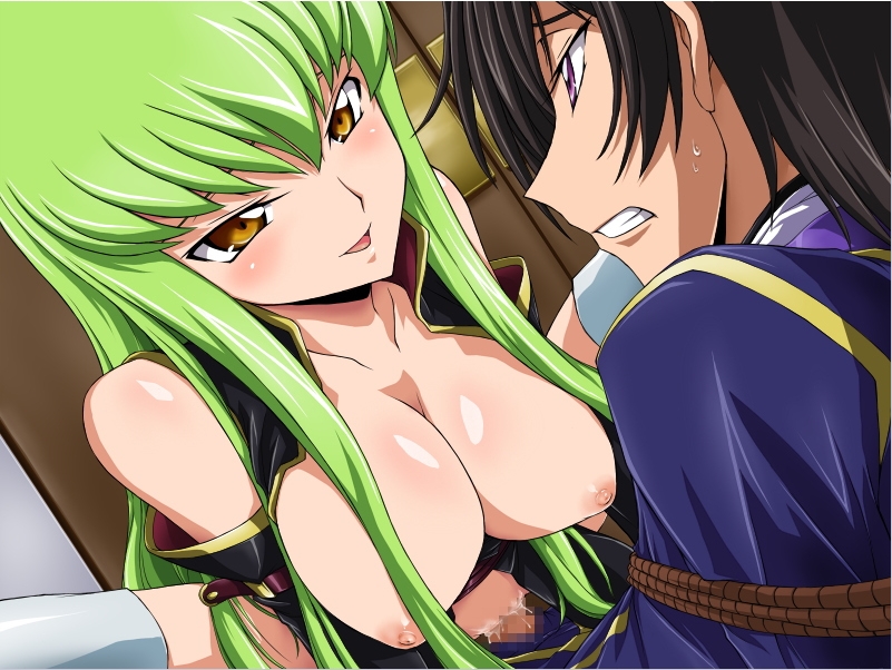 aquamu, yamagarasu, c.c., lelouch vi britannia, code geass, 1boy, 1girl, assertive female, bdsm, blush, bondage, bound, breasts, censored, cleavage, clenched teeth, cowgirl position, erection, femdom, girl on top, green hair, hetero, large breasts, mosaic censoring, naughty face, nipples, open clothes, open shirt, penis, precum, rape, rope, sex, shirt, smile, straddling, sweat, teeth, thighhighs, vaginal, white thighhighs, yellow eyes