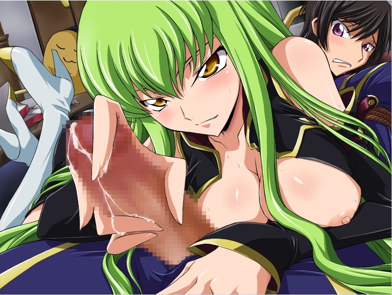 aquamu, yamagarasu, c.c., cheese-kun, lelouch vi britannia, code geass, pizza hut, 1boy, 1girl, assertive female, bdsm, black hair, blush, bondage, boots, bound, breasts, censored, cleavage, cum, cum string, erection, femdom, green hair, handjob, hetero, high heels, huge breasts, huge penis, large breasts, long hair, lying, lying on person, naughty face, on person, open clothes, open shirt, penis, precum, shirt, shoes, smile, yellow eyes