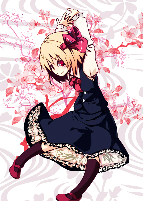 murani, rumia, embodiment of scarlet devil, touhou, 1girl, arms behind head, black dress, blonde hair, brown socks, dress, female focus, floral background, hair ribbon, kneehighs, mary janes, necktie, own hands clasped, own hands together, petticoat, red eyes, ribbon, shoes, short hair, smile, socks, solo, stretching, vest