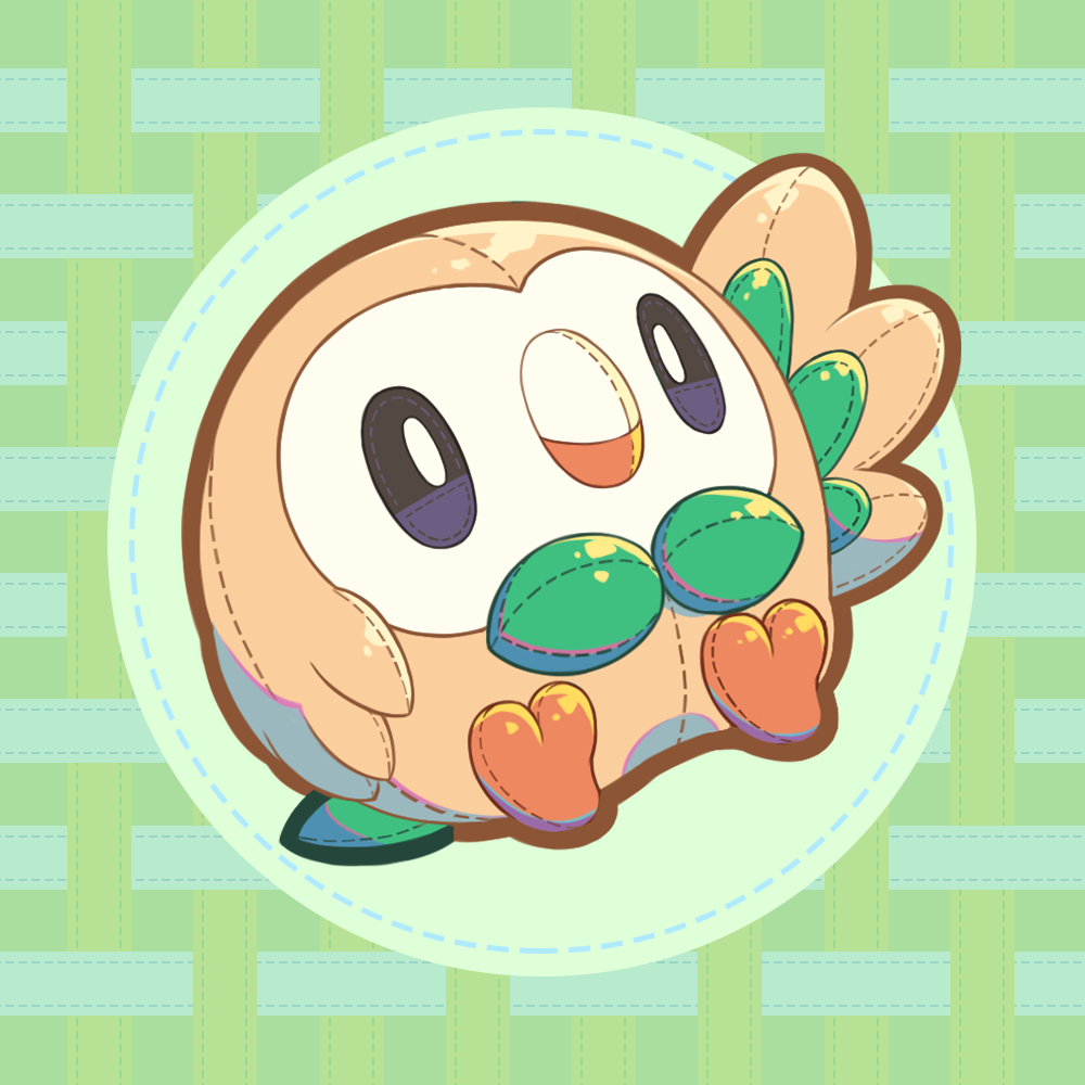 pluto.m, rowlet, nintendo, pokemon, commentary, commentary request, english commentary, mixed-language commentary, black eyes, bright pupils, full body, gen 7 pokemon, green background, no humans, objectification, pokemon (creature), seams, solo, stuffed toy, white pupils