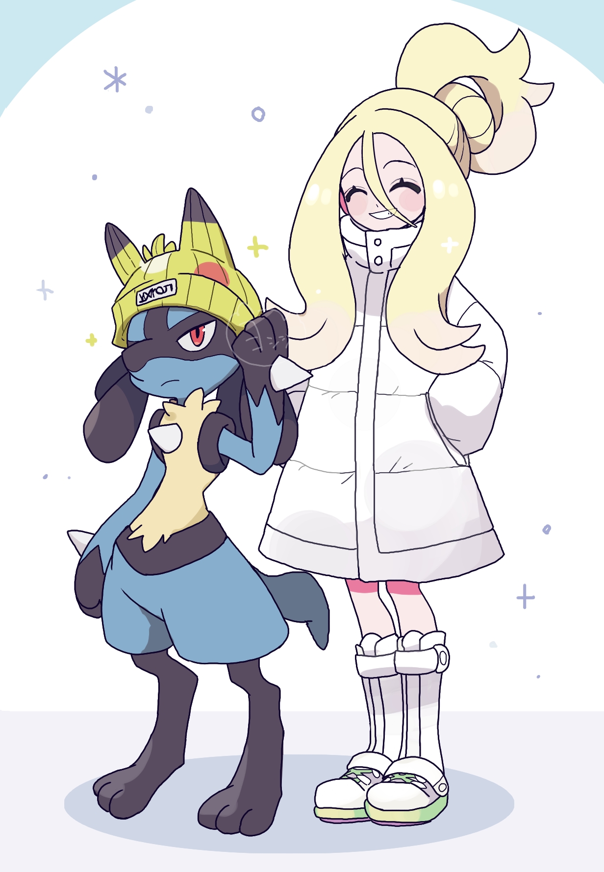 yoshishi (yosisitoho), korrina (pokemon), lucario, pikachu, nintendo, pokemon, pokemon legends: z-a, commentary, highres, symbol-only commentary, 1girl, character hat, closed eyes, coat, full body, gen 1 pokemon, gen 4 pokemon, hair between eyes, hair bun, hands in pockets, hat, long sleeves, pokemon (creature), red eyes, shoes, sidelocks, smile, spikes, standing, white coat, white shoes, yellow hat