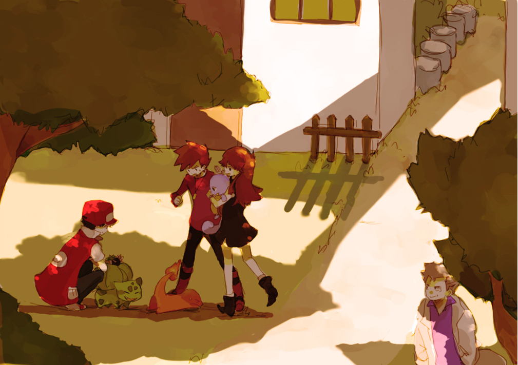 tsu da, blue oak, blue oak (pokemon rgby), bulbasaur, charmander, green (pokemon), professor oak, red (pokemon), squirtle, nintendo, pokemon, pokemon adventures, pokemon rgby, pokemon rgby beta, bad id, bad pixiv id, 1990s (style), 1girl, 3boys, baseball cap, black dress, brown hair, dress, gen 1 pokemon, hat, long hair, multiple boys, pokemon (creature), prototype design, retro artstyle, shade, starter pokemon trio