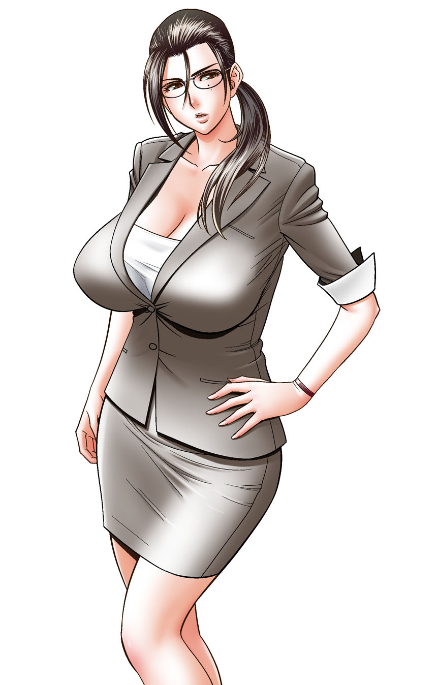 tatsunami youtoku, highres, 1girl, breasts, brown eyes, brown hair, business suit, cleavage, female focus, formal clothes, glasses, hand on own hip, hip focus, huge breasts, mature female, mole, mole under eye, office lady, pencil skirt, ponytail, skirt, skirt suit, solo, suit