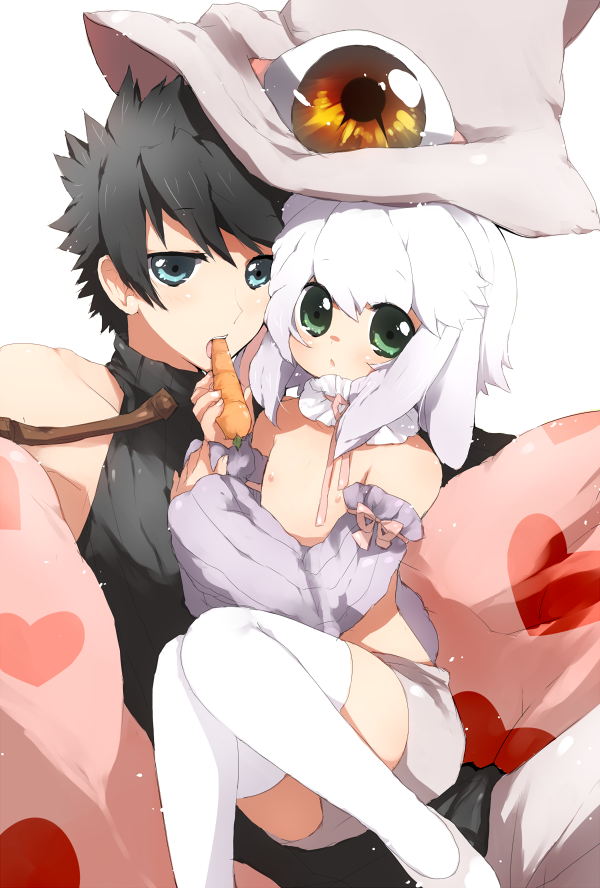 shulliy baudelair, tagme, 2boys, animal ears, blue eyes, carrot, couple, green eyes, heart, male focus, multiple boys, pillow, rabbit ears, shota, trap
