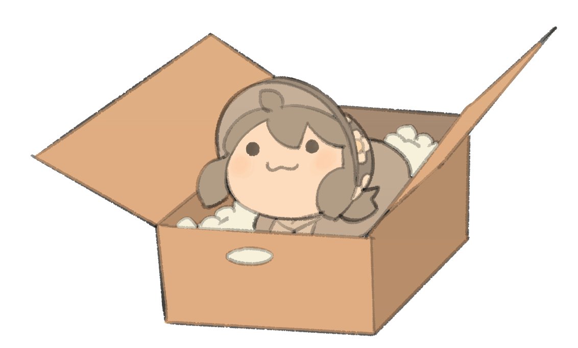 temmie chang, temmie chang (character), original, commentary, english commentary, :3, box, brown hair, brown hat, cardboard box, closed mouth, floral print, floral print hat, hat, in box, in container, open box, packing peanuts, print hat, simple background, smile, solo, tem loaf (temmie chang), white background