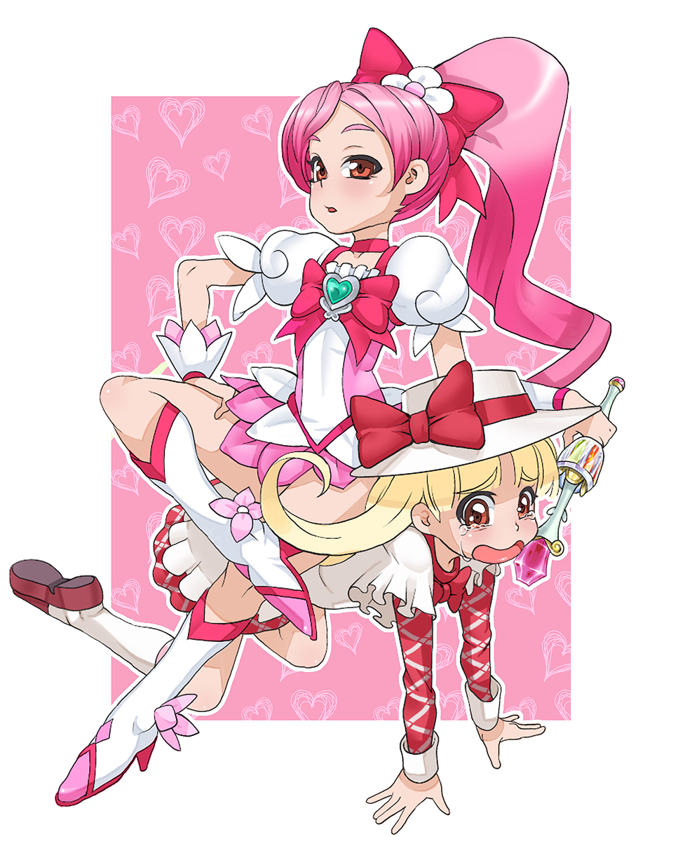 takoyaki neko-san, cure blossom, hanasaki tsubomi, nadja applefield, ashita no nadja, heartcatch precure!, precure, toei company, highres, 00s, 10s, 2girls, blonde hair, boots, bow, brooch, brown eyes, bullying, company connection, crossover, femdom, heart, heart brooch, high ponytail, human chair, human furniture, jewelry, knee boots, long hair, magical girl, multiple girls, pink background, pink bow, pink eyes, pink hair, ponytail, sitting, sitting on person, tears, wand, yuri