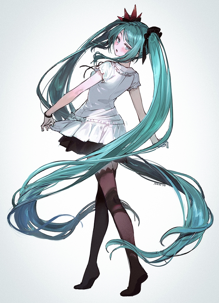 nagu, hatsune miku, vocaloid, world is mine (vocaloid), commentary, english commentary, 1girl, aqua hair, long hair, looking at viewer, looking back, open mouth, pleated skirt, simple background, sketch, skirt, solo, thighhighs, twintails, very long hair, white background