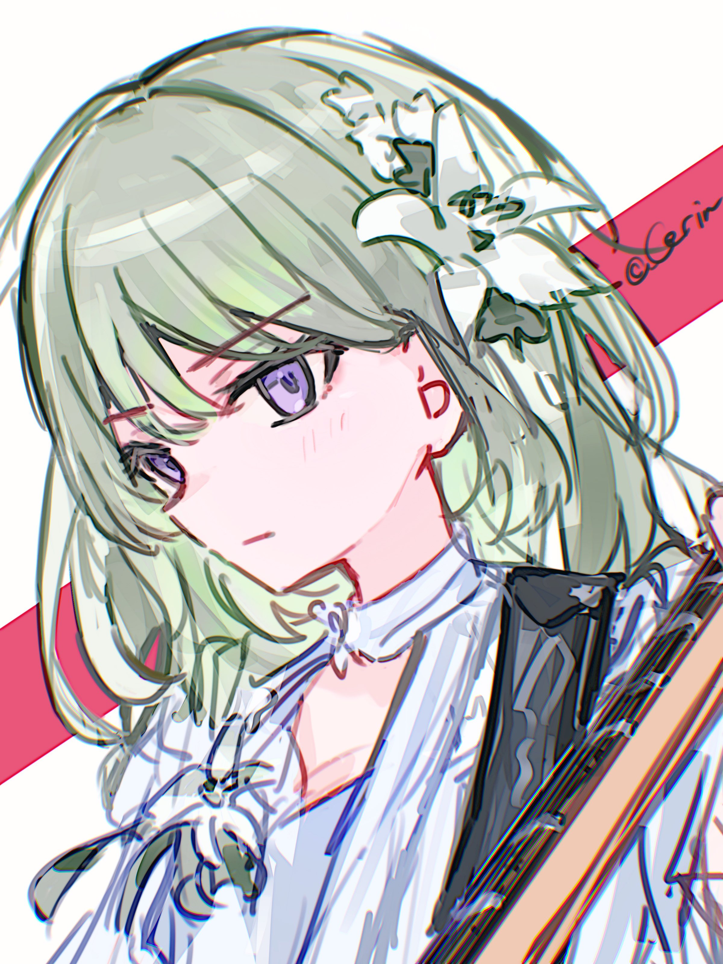 keyun, bang dream!, absurdres, commentary request, highres, 1girl, bang dream! our notes, blush, closed mouth, green hair, izawa natsume, long hair, purple eyes, solo, upper body