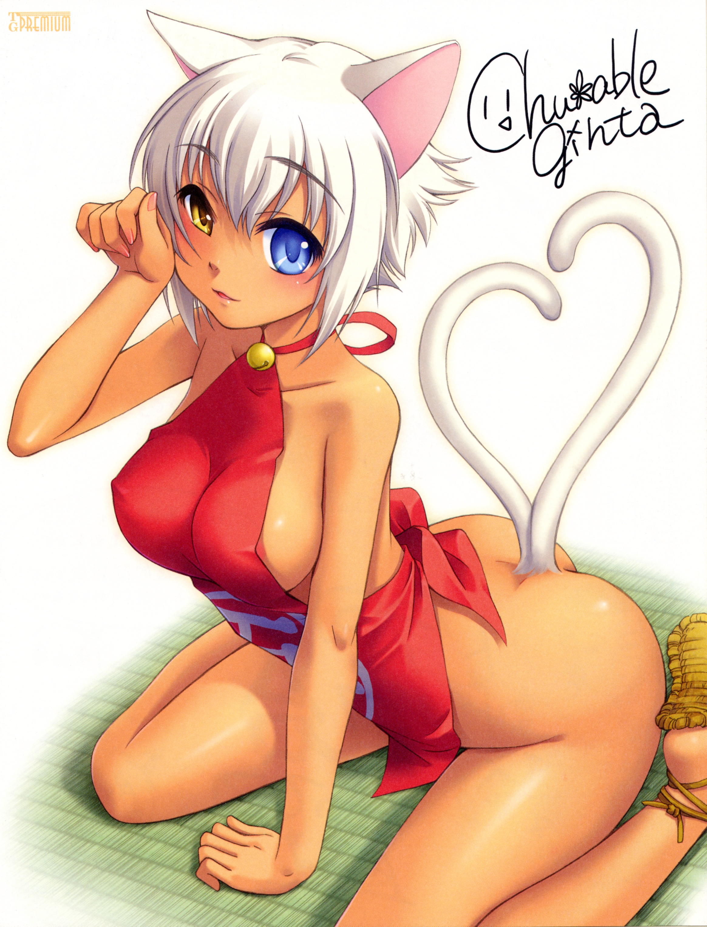 ginta, wagahai, koibumi romantica, absurdres, highres, scan, scan artifacts, 1girl, animal ears, apron, ass, bell, bleed through, blue eyes, blush, bottomless, breasts, cat ears, cat tail, chinese clothes, covered erect nipples, dark-skinned female, dark skin, dudou, female focus, heart, heart tail, heterochromia, large breasts, multiple tails, nail polish, naked apron, nekomata, no panties, open mouth, paw pose, pink nails, sandals, short hair, signature, simple background, sitting, smile, solo, tail, tatami, wariza, white hair, yellow eyes