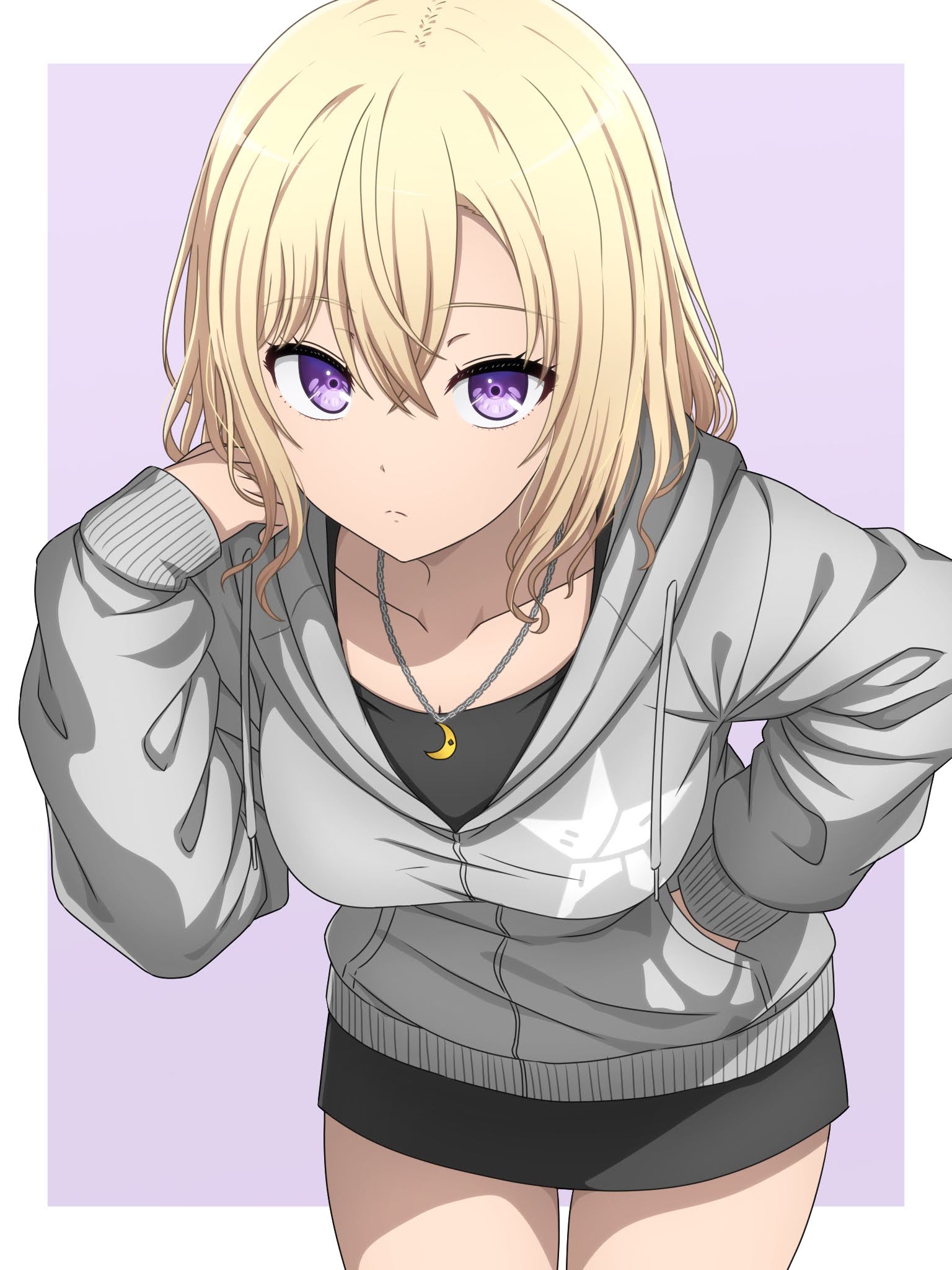 noshimurin, misumi uika, bang dream!, bang dream! it's mygo!!!!!, commentary, highres, 1girl, blonde hair, border, breasts, cowboy shot, grey jacket, hair between eyes, hand in pocket, hood, hood down, hooded jacket, jacket, jewelry, leaning forward, long sleeves, medium breasts, medium hair, necklace, outside border, purple background, purple eyes, simple background, solo, white border