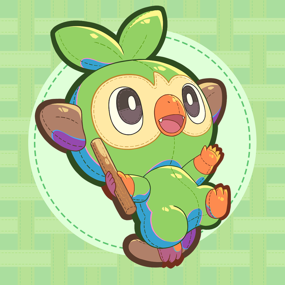 pluto.m, grookey, nintendo, pokemon, commentary, commentary request, english commentary, mixed-language commentary, black eyes, bright pupils, fangs, full body, gen 8 pokemon, green background, holding, holding stick, no humans, objectification, open mouth, pokemon (creature), seams, solo, stick, stuffed toy, white pupils