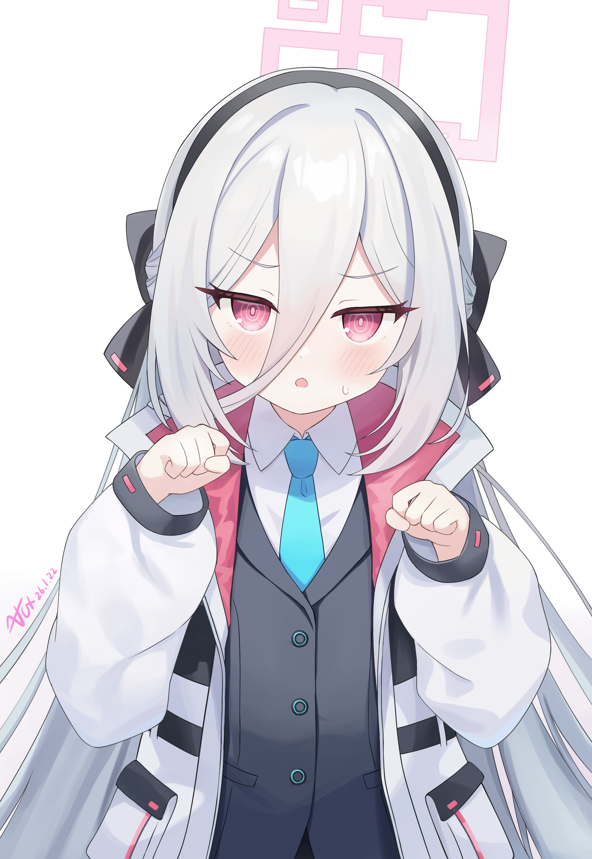 zcx, kei (blue archive), kei (new body) (blue archive), blue archive, absurdres, commentary request, highres, 1girl, black bow, black hairband, blue necktie, blush, bow, dated, hair between eyes, hair bow, hairband, halo, jacket, long hair, long hair between eyes, looking at viewer, necktie, open mouth, paw pose, pink halo, rectangular halo, red eyes, ringed eyes, shirt, simple background, solo, very long hair, white hair, white jacket, white shirt