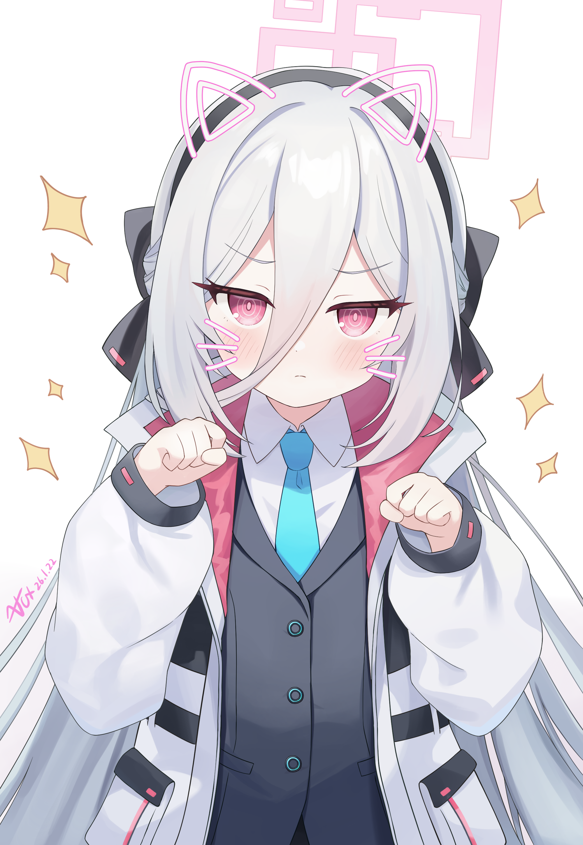 zcx, kei (blue archive), kei (new body) (blue archive), blue archive, absurdres, commentary request, highres, 1girl, black bow, black hairband, blue necktie, blush, bow, closed mouth, dated, drawn ears, drawn whiskers, hair between eyes, hair bow, hairband, halo, jacket, long hair, long hair between eyes, looking at viewer, necktie, paw pose, pink halo, rectangular halo, red eyes, ringed eyes, shirt, simple background, solo, sparkle, very long hair, white hair, white jacket, white shirt