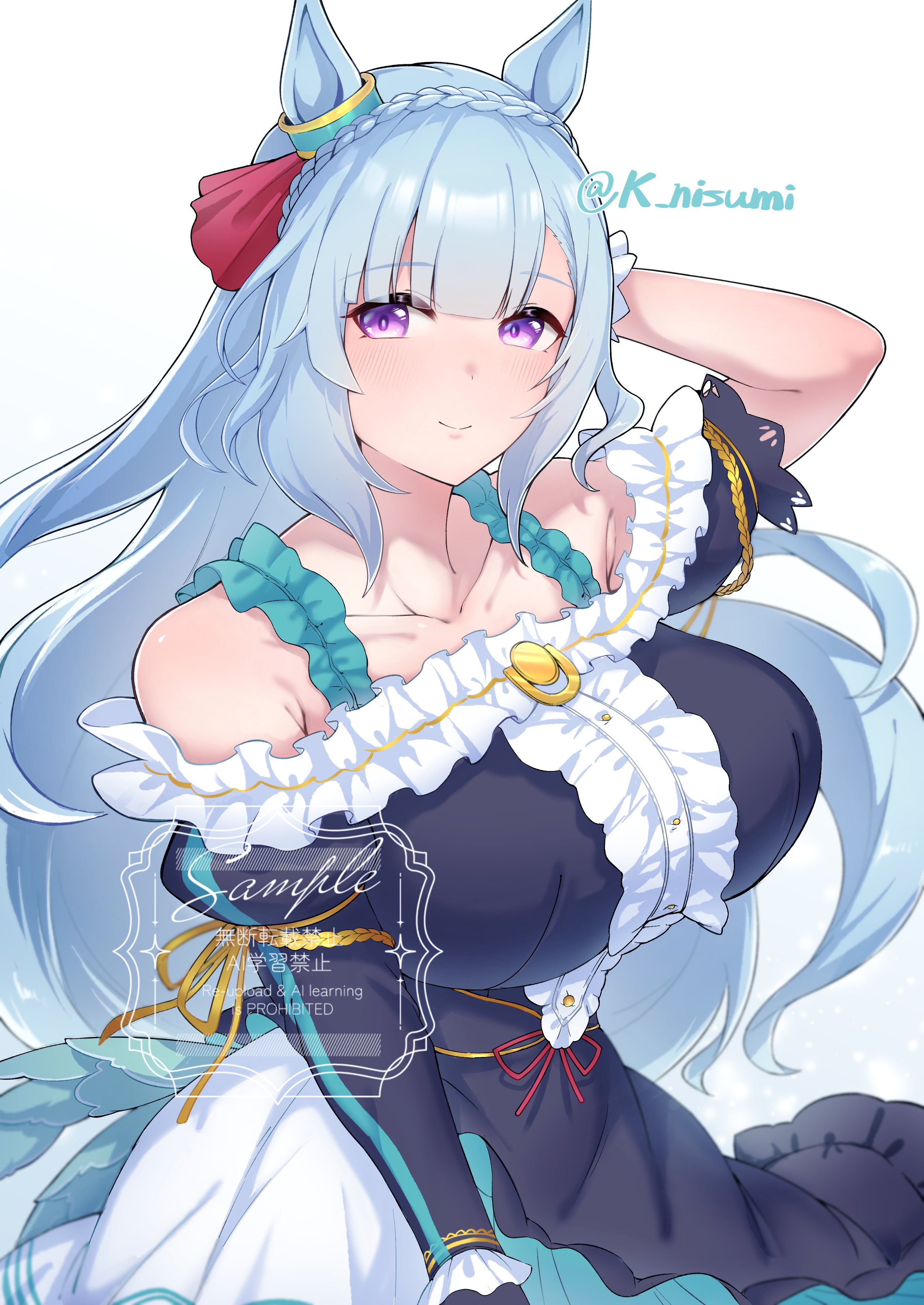 nisumi k, mejiro ardan (umamusume), umamusume, absurdres, commentary request, highres, 1girl, animal ears, blue hair, bow, braid, breasts, cleavage, closed mouth, crown braid, ear bow, ear ornament, ear ribbon, horse ears, horse girl, horse tail, large breasts, long hair, looking at viewer, purple eyes, shirt, simple background, smile, solo, tail, white background