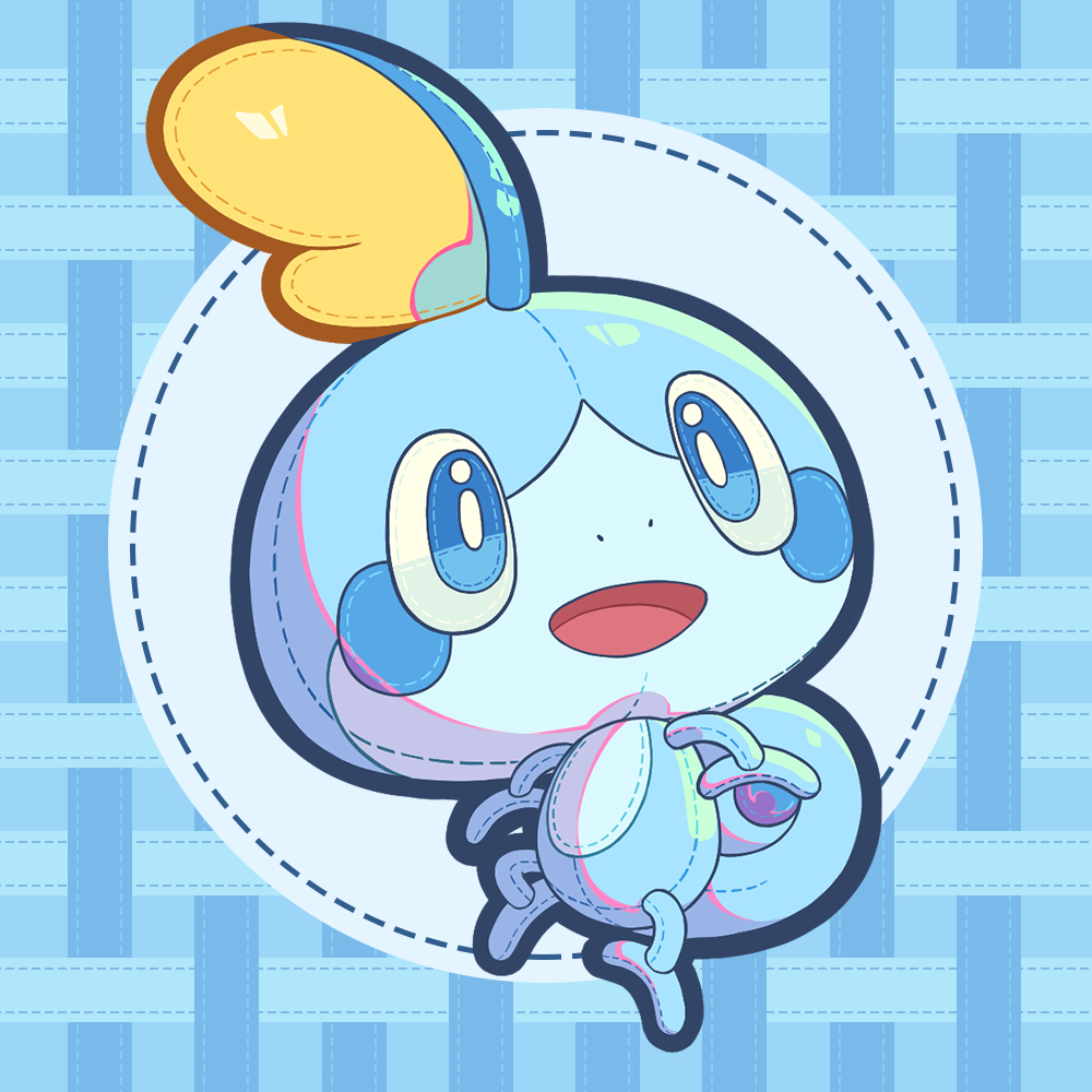 pluto.m, sobble, nintendo, pokemon, commentary, commentary request, english commentary, mixed-language commentary, blue background, blue eyes, bright pupils, full body, gen 8 pokemon, no humans, objectification, open mouth, pokemon (creature), seams, solo, stuffed toy, white pupils