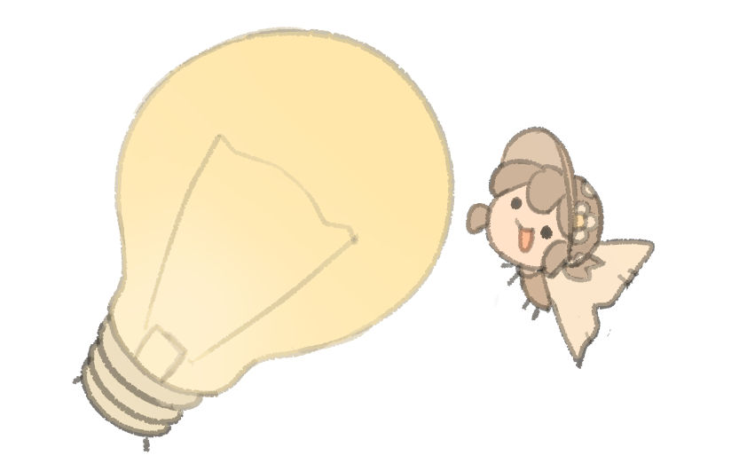 temmie chang, temmie chang (character), original, commentary, english commentary, animalization, brown hair, brown hat, bug, floral print, floral print hat, full body, hat, insect, light bulb, moth, open mouth, print hat, simple background, smile, solid circle eyes, solo, white background