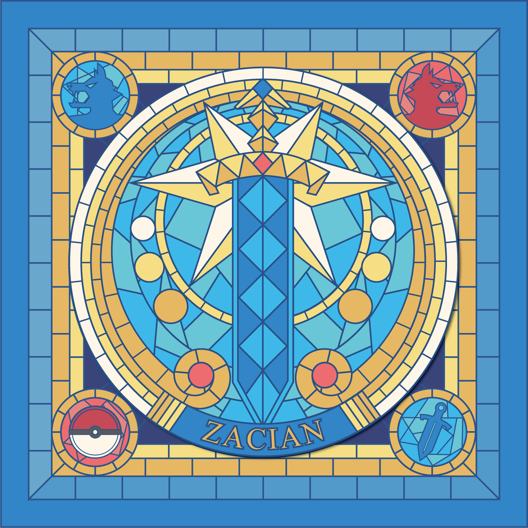 pluto.m, zacian, nintendo, pokemon, commentary, commentary request, english commentary, highres, mixed-language commentary, blue border, border, character name, gen 8 pokemon, legendary pokemon, no humans, poke ball, poke ball (basic), pokemon (creature), stained glass, wolf