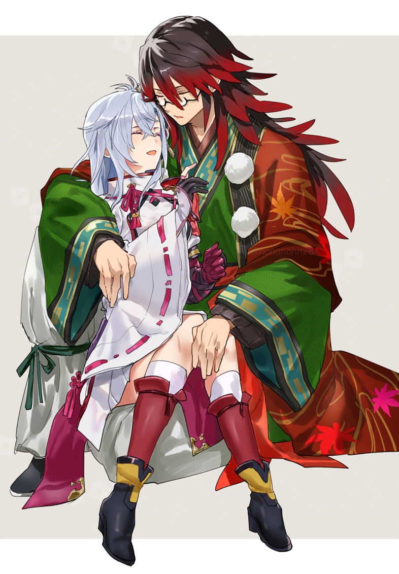 karisa (nbsdashi284), kaguya (rune factory), kurama (rune factory), rune factory, rune factory: guardians of azuma, commentary, 1boy, 1girl, black hair, couple, glasses, gradient hair, hair between eyes, hetero, japanese clothes, long hair, multicolored hair, red hair, wide sleeves