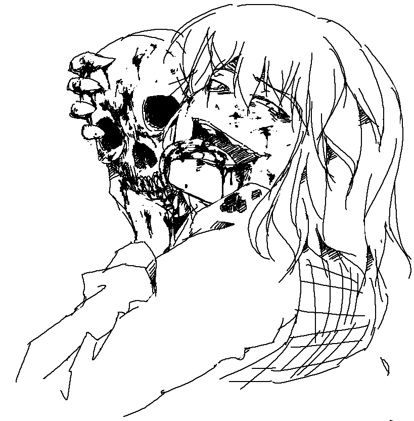 hetza (hellshock), kazami yuuka, touhou, 1girl, blood, crazy eyes, creepy, female focus, from behind, greyscale, horror (theme), licking, long tongue, looking back, monochrome, oekaki, plaid clothes, plaid vest, short hair, skull, solo, tongue, tongue out, vest