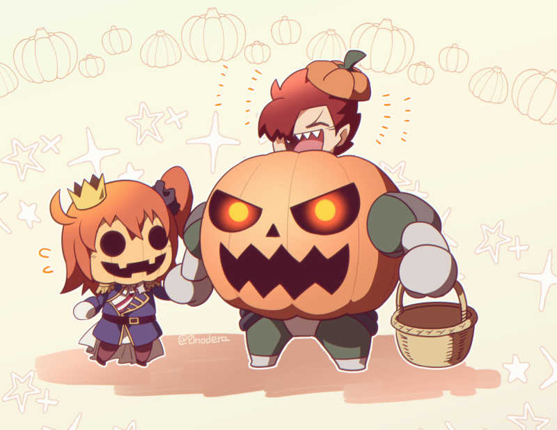 0nodera, fujimaru ritsuka (female), fujimaru ritsuka (female) (halloween royalty), mori nagayoshi (fate), fate/grand order, fate (series), commentary request, 1boy, 1girl, ahoge, basket, blue jacket, chibi, chibi only, crown, flying sweatdrops, full body, holding, holding basket, jack-o'-lantern, jacket, orange hair, pantyhose, pumpkin hat, red hair, sharp teeth, teeth, twitter username, white background