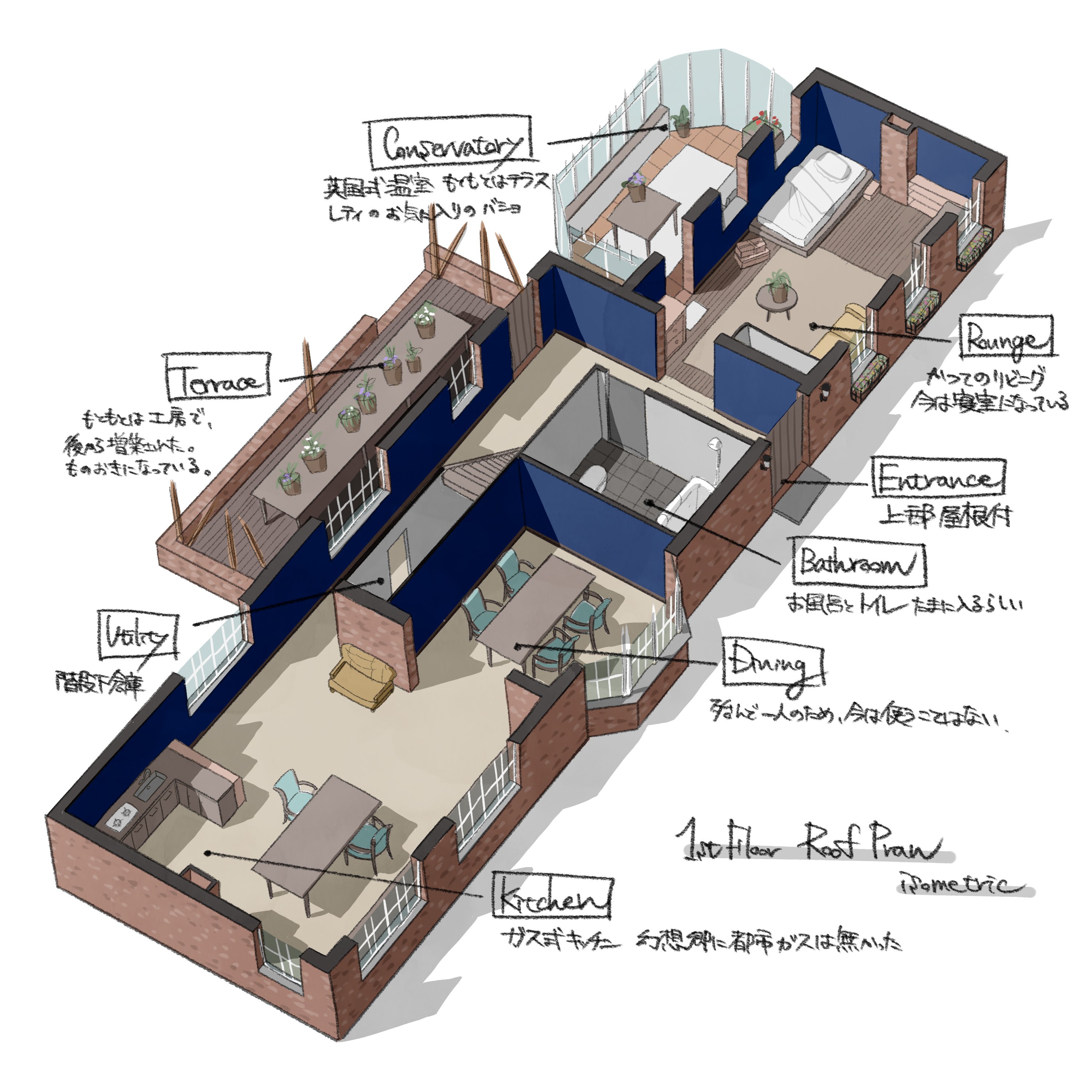 koyane (silver81106), touhou, absurdres, commentary request, highres, bathroom, bedroom, brick, cabinet, chair, conservatory, couch, cross-section, diagram, dining room, house, kitchen, no humans, plant, potted plant, sink, table, tile floor, tiles, white background, window, wooden chair, wooden door, wooden floor, wooden table