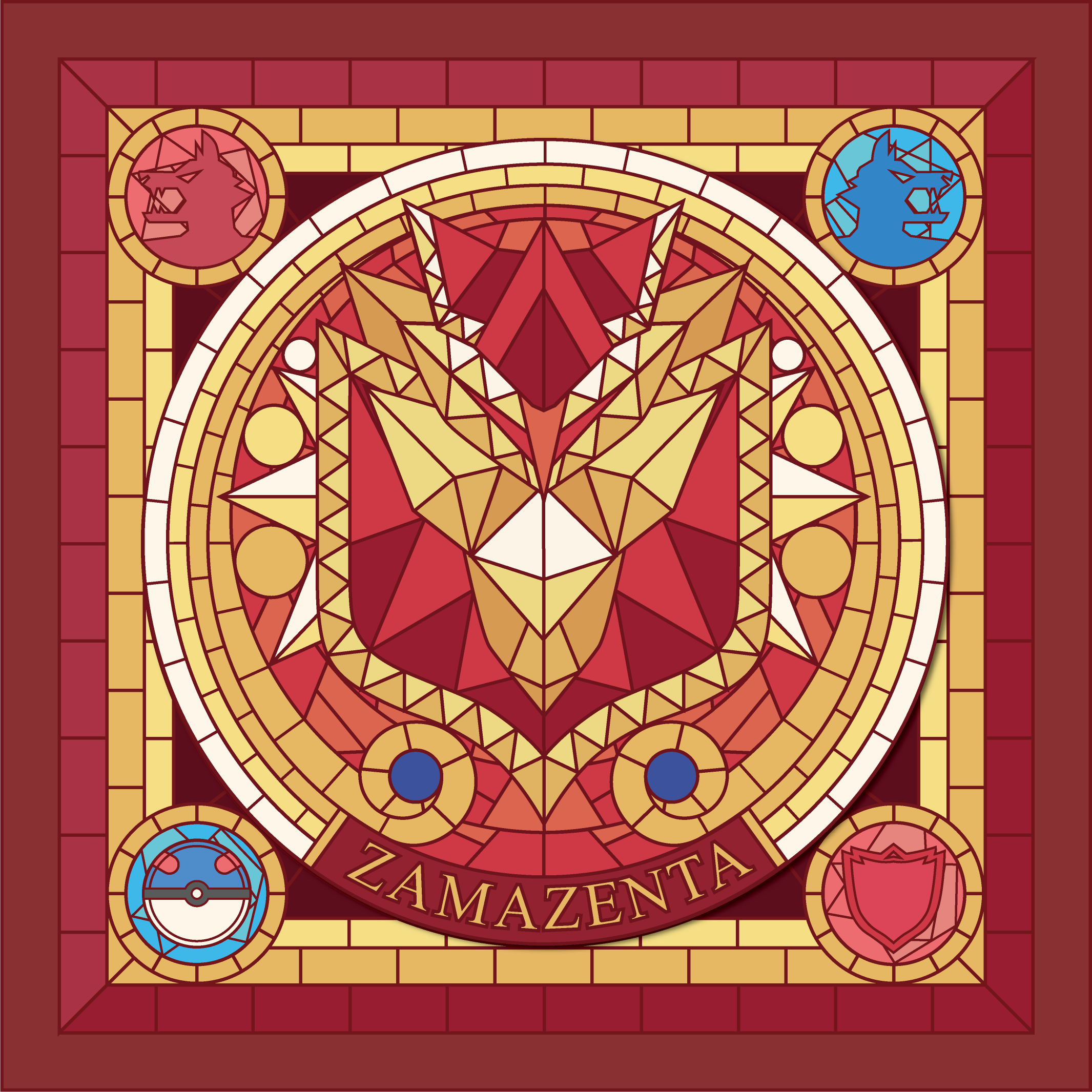 pluto.m, zamazenta, nintendo, pokemon, commentary, commentary request, english commentary, highres, mixed-language commentary, border, character name, gen 8 pokemon, great ball, legendary pokemon, no humans, poke ball, pokemon (creature), red border, shield, stained glass, wolf