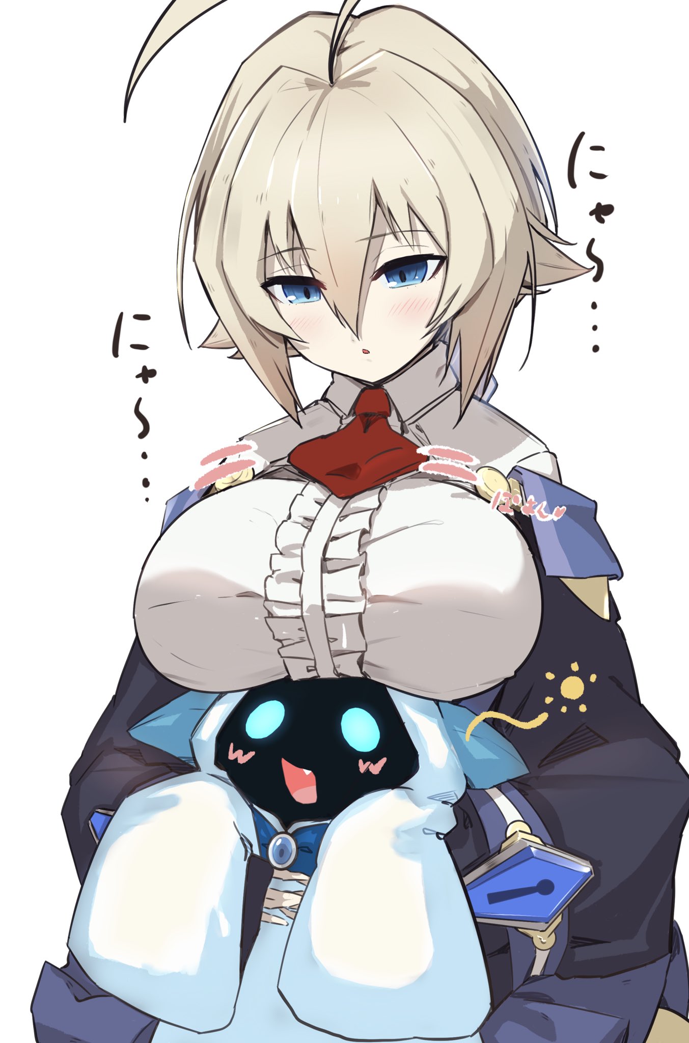 nueshinmei, es (xblaze), blazblue, commentary request, highres, 1girl, ahoge, black jacket, blonde hair, blush, breasts, dress, hair flaps, holding, jacket, large breasts, long sleeves, looking down, white background, white dress