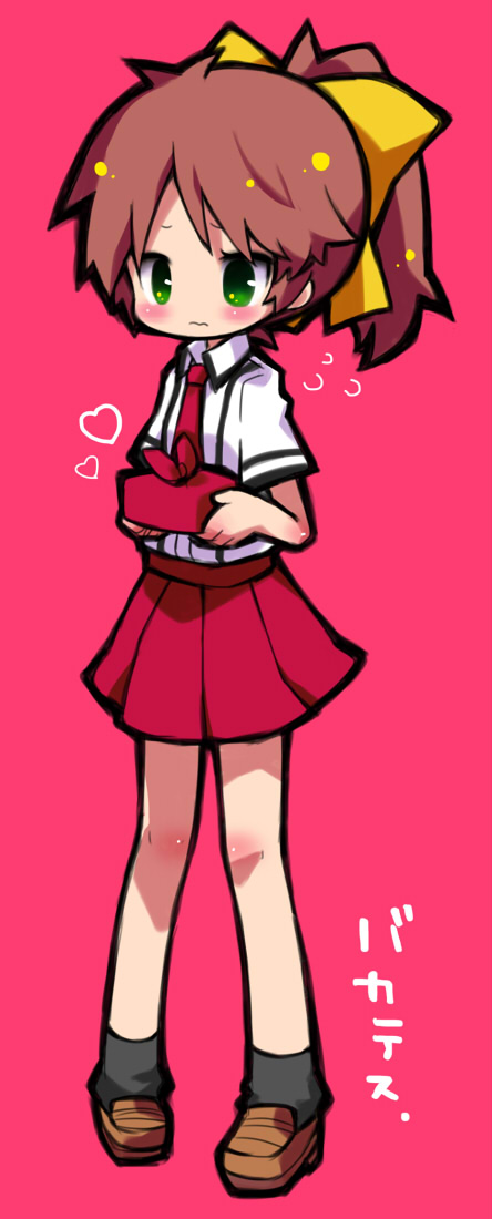 mamimu (ma-mi-mu.me), shimada minami, baka to test to shoukanjuu, bad id, bad pixiv id, 1girl, bento, blush, brown hair, female focus, green eyes, holding bento, ponytail, school uniform, solo