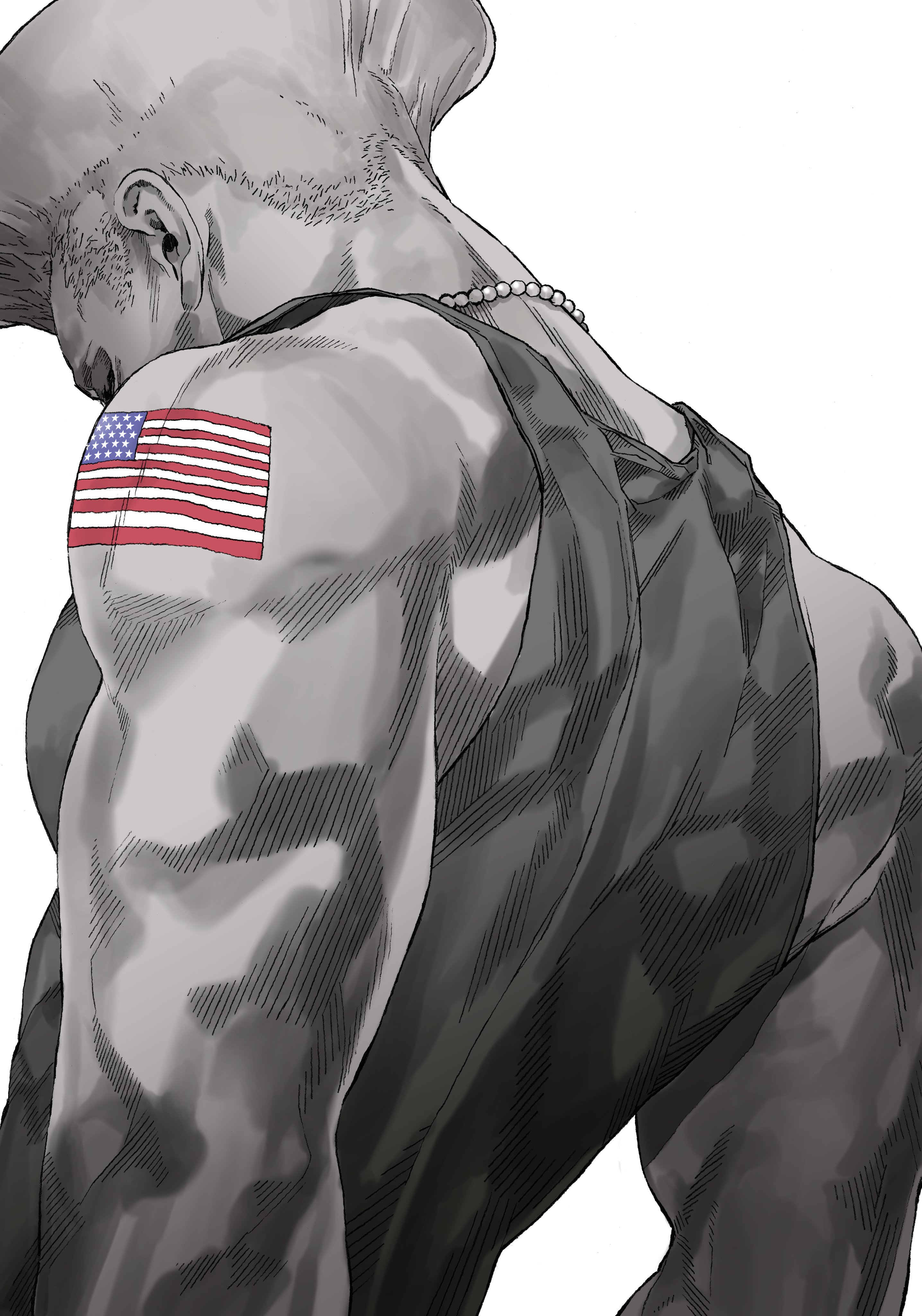 yoshihara motoki, guile, street fighter, absurdres, commentary request, graphite (medium), highres, traditional media, 1boy, american flag, american flag tattoo, dog tags, flattop, furrowed brow, greyscale, looking down, male focus, mature male, monochrome, muscular, muscular male, solo, tattoo