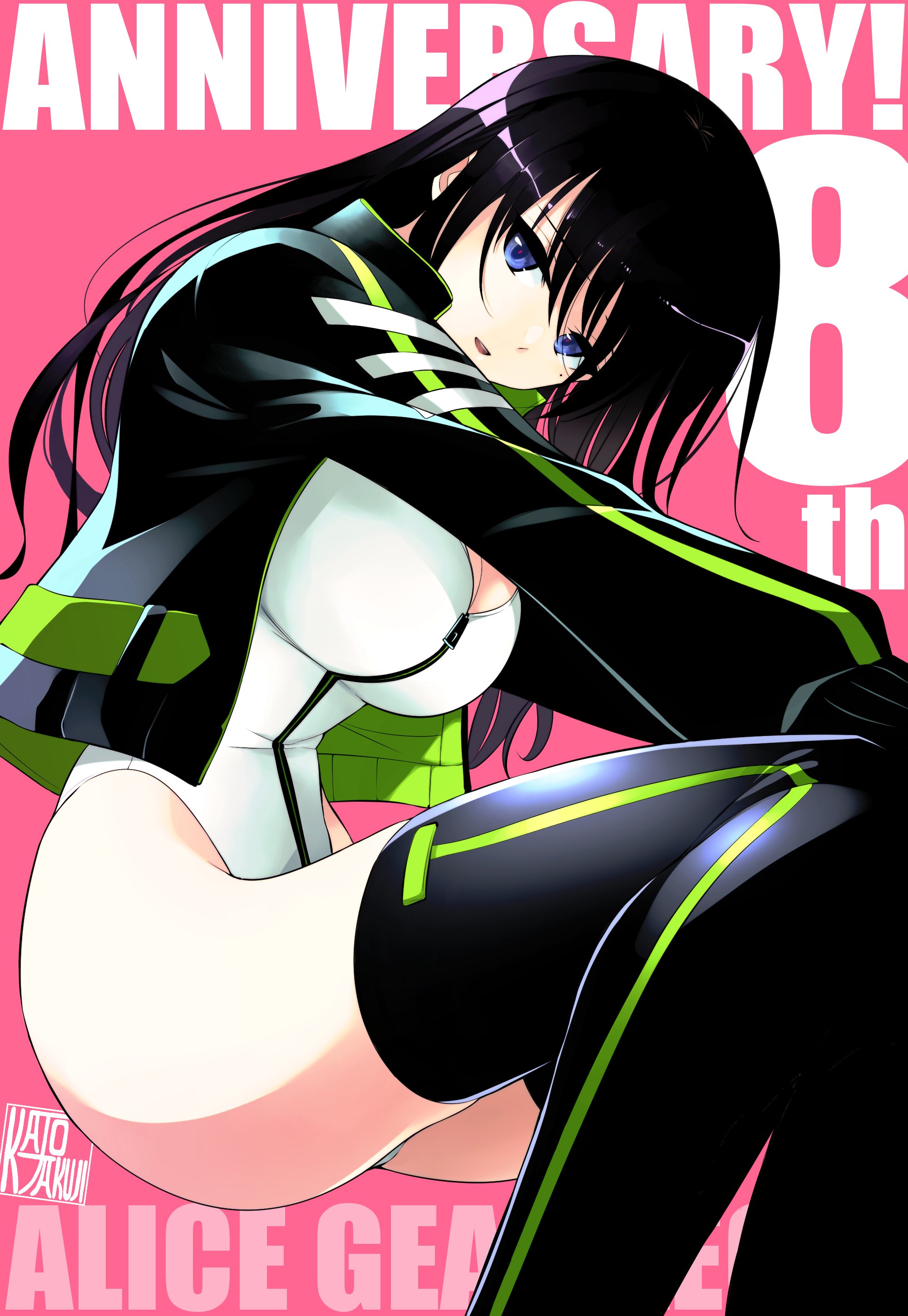 kato takuji, kagome misaki, alice gear aegis, absurdres, commentary request, highres, 1girl, anniversary, black hair, black jacket, black thighhighs, blue eyes, circle cutout, cleavage cutout, clothing cutout, companion/af, covered collarbone, front zipper, full-length zipper, heattech leotard, highleg, highleg leotard, invisible chair, jacket, leotard, long hair, multicolored leotard, pink background, race queen, sitting, solo, thighhighs, turtleneck, two-tone leotard, white leotard, zipper, zipper leotard, zipper pull tab