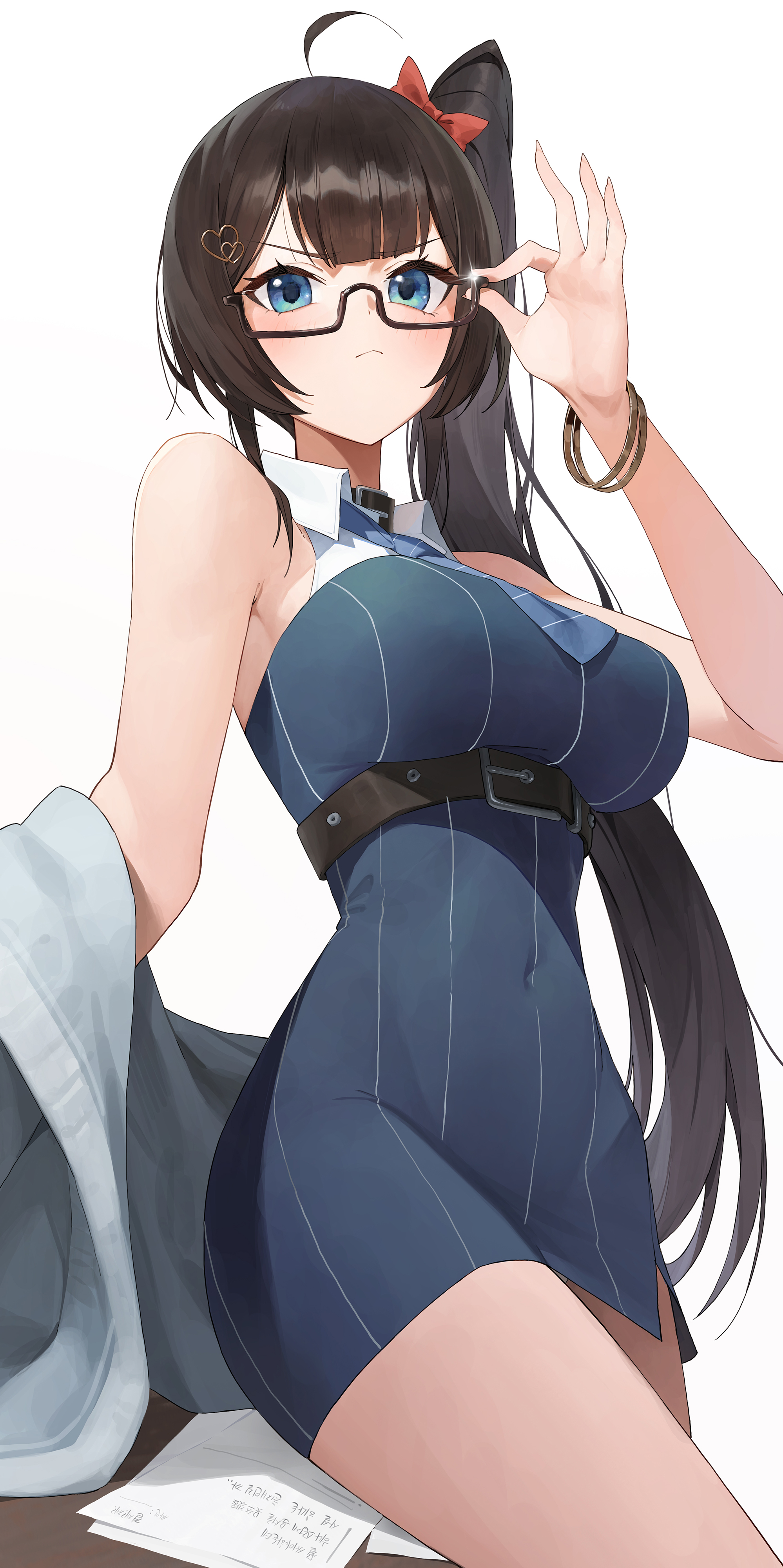 yoba, shirayuki hina, stellive, absurdres, hashtag-only commentary, highres, 1girl, adjusting eyewear, ahoge, bangle, bare shoulders, belt, black-framed eyewear, black choker, black hair, blue dress, blue eyes, bow, bracelet, breasts, choker, closed mouth, collared dress, covered navel, dress, frown, glasses, glint, grey jacket, hair bow, hair ornament, hairclip, hand on eyewear, heart, heart hair ornament, jacket, jacket on arm, jewelry, large breasts, long hair, looking at viewer, panties, panty peek, paper, semi-rimless eyewear, short dress, side ponytail, simple background, sleeveless, sleeveless dress, solo, striped clothes, striped dress, thighs, under-rim eyewear, underwear, v-shaped eyebrows, very long hair, virtual youtuber, white background, wing collar