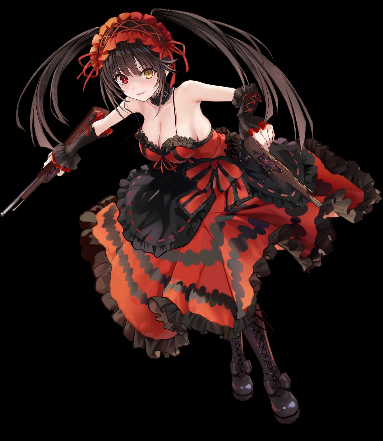 saint laurent paris, tokisaki kurumi, date a live, commentary, highres, symbol-only commentary, 1girl, antique firearm, asymmetrical hair, black bodysuit, black hair, bodysuit, breasts, cleavage, dress, dual wielding, firearm, firelock, flintlock, frilled dress, frills, full body, gothic lolita, gun, hairband, heterochromia, holding, large breasts, lolita fashion, lolita hairband, looking at viewer, red eyes, simple background, solo, strap gap, twintails, v-shaped eyebrows, weapon, yellow eyes