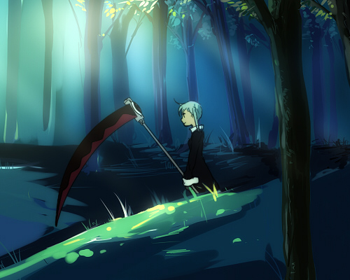 aquaxdrop, maka albarn, soul eater, lowres, 00s, forest, nature, scythe, solo