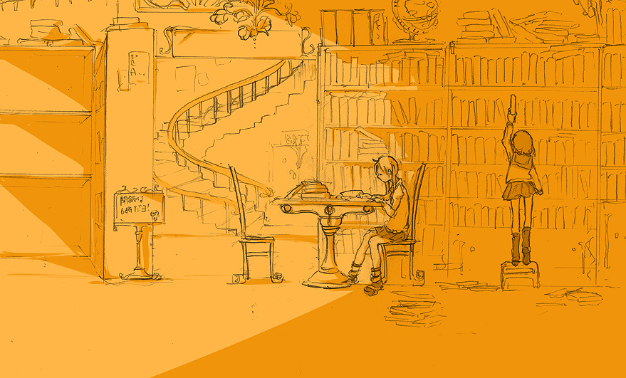 aquaxdrop, maka albarn, soul eater, 00s, 2girls, library, long hair, multiple girls, school uniform, short hair, sketch, yellow theme