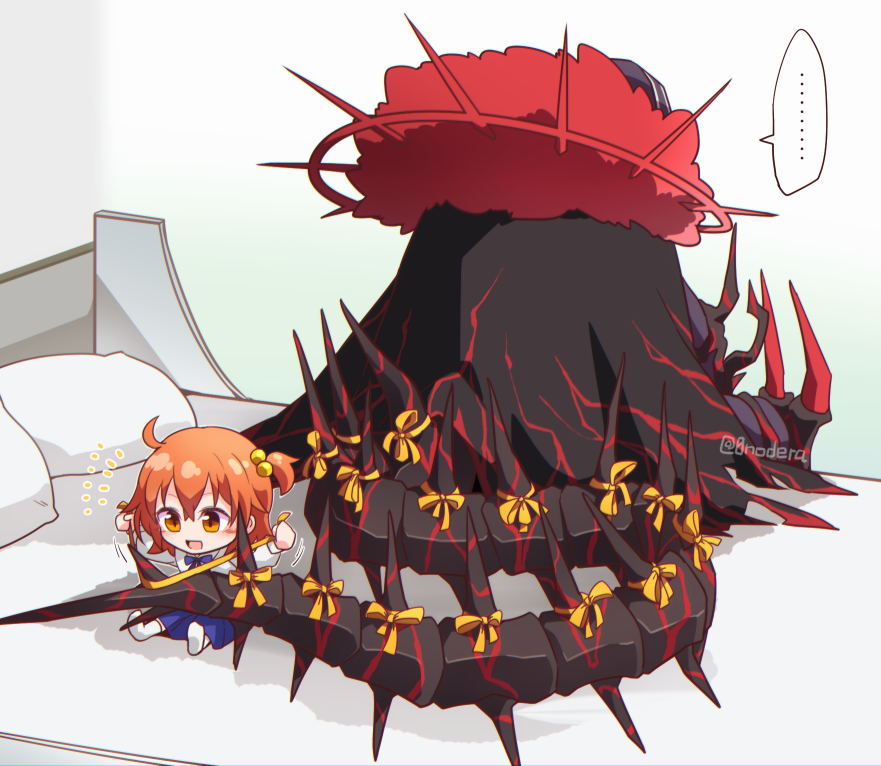 0nodera, cu chulainn (fate), cu chulainn alter (fate), fujimaru ritsuka (female), fujimaru ritsuka (female) (anniversary blonde), fate/grand order, fate (series), commentary request, …, 1boy, 1girl, ahoge, bed, black cape, blue skirt, cape, chibi, fur-trimmed cape, fur trim, hair between eyes, hair bobbles, hair ornament, orange eyes, orange hair, orange ribbon, pillow, ribbon, short hair, sitting, size difference, skirt, socks, spoken ellipsis, tail, twitter username, tying ribbon, white socks