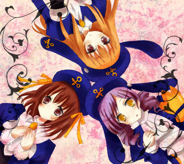 cornelia (umineko), dlanor a. knox, eiserne jungfrau, gertrude (umineko), 07th expansion, no naku koro ni (series), umineko no naku koro ni, bad id, bad pixiv id, 3girls, brown hair, drill hair, hat, multiple girls, purple hair