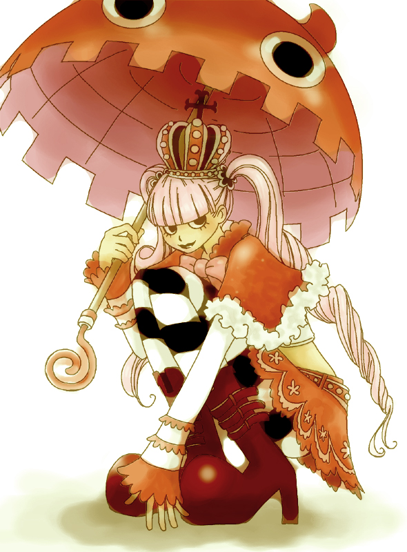 hanamomo, perona, one piece, bad id, bad pixiv id, 1girl, bow, capelet, crown, female focus, high heels, long hair, long sleeves, pantyhose, pink hair, red crown, red shoes, red skirt, shoes, short cape, skirt, solo, striped clothes, striped pantyhose, twintails, umbrella