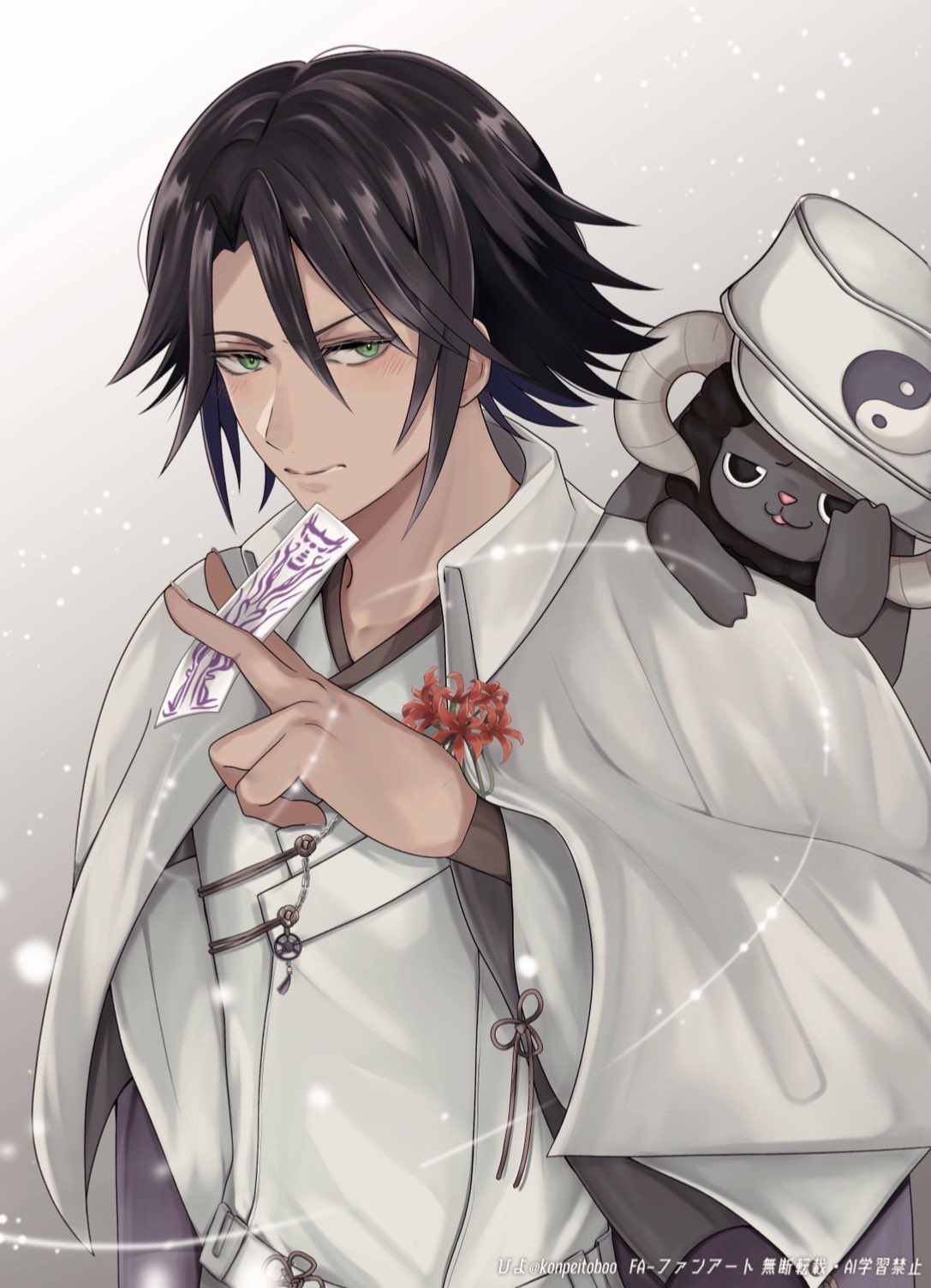 rune factory, rune factory: guardians of azuma, commentary request, highres, 2boys, black hair, cape, green eyes, hair between eyes, ikaruga (rune factory), japanese clothes, konpeitoboo, long sleeves, male focus, multiple boys, short hair, white cape, woolby, yin yang