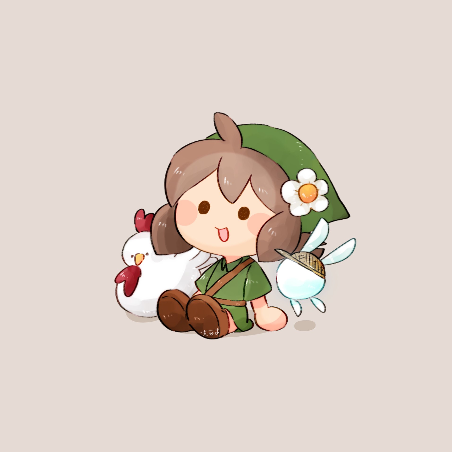 tenmiyakiyo, cucco, link, navi, temmie chang (character), nintendo, original, the legend of zelda, the legend of zelda: ocarina of time, commentary, highres, 1girl, bird, blush, blush stickers, boots, borrowed character, brown boots, brown hair, brown hat, chibi, chibi only, chicken, cosplay, fairy, flower, full body, green hat, green tunic, grey background, hat, hat flower, link (cosplay), open mouth, short sleeves, simple background, sitting, smile, solid circle eyes, tunic, white flower