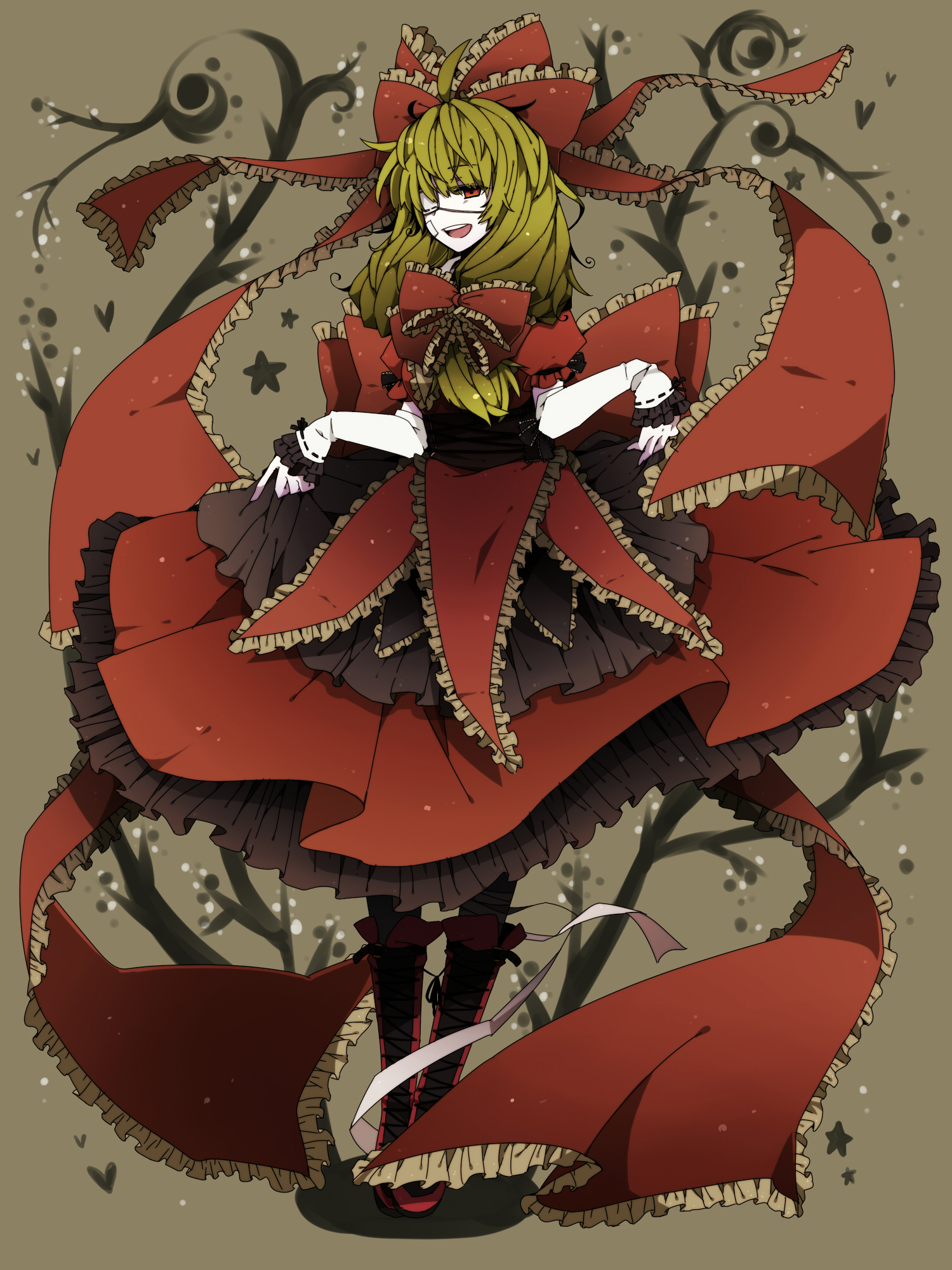 fujisaki miyabi, kagiyama hina, touhou, bad id, bad pixiv id, highres, 1girl, artistic error, boots, bow, breasts, clothes lift, curtsey, dress, dress lift, eyepatch, female focus, frills, front ponytail, green hair, hair bow, hair ribbon, red eyes, ribbon, skirt hold, solo