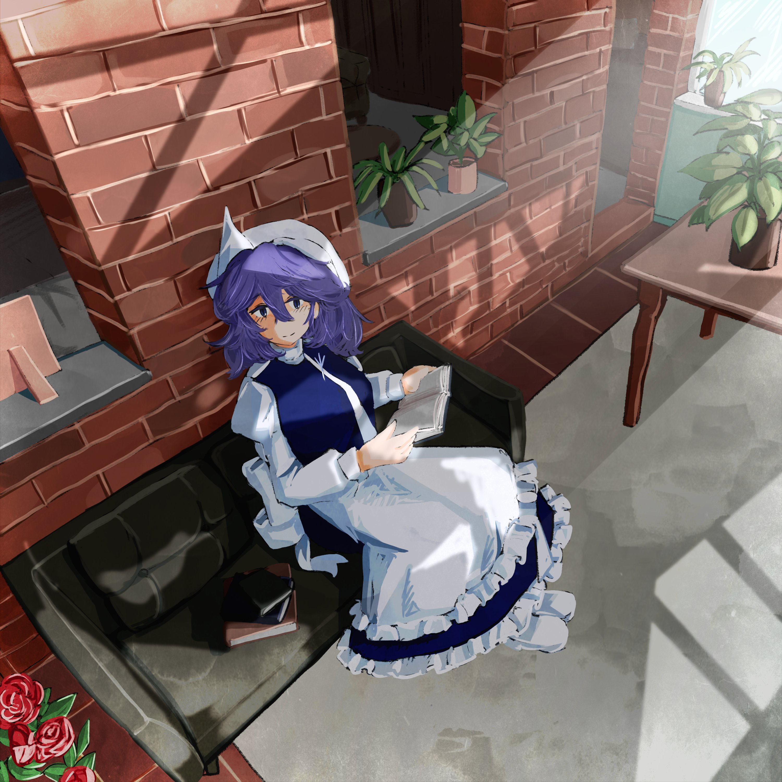 koyane (silver81106), letty whiterock, touhou, absurdres, commentary request, highres, 1girl, book, book stack, brick, brick wall, day, flower, hat, holding, holding book, indoors, medium hair, open book, picture frame, plant, potted plant, red flower, shadow, solo, sunlight, table, tile floor, tiles, triangular headpiece, white hat, window shadow