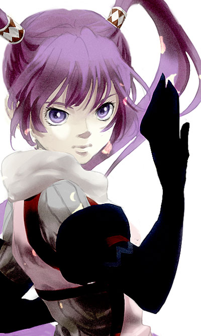 esaki koma, sophie (tales), tales of (series), tales of graces, bad id, bad pixiv id, 1girl, blunt bangs, female focus, fighting stance, hair ornament, purple eyes, purple hair, serious, solo, twintails, white background