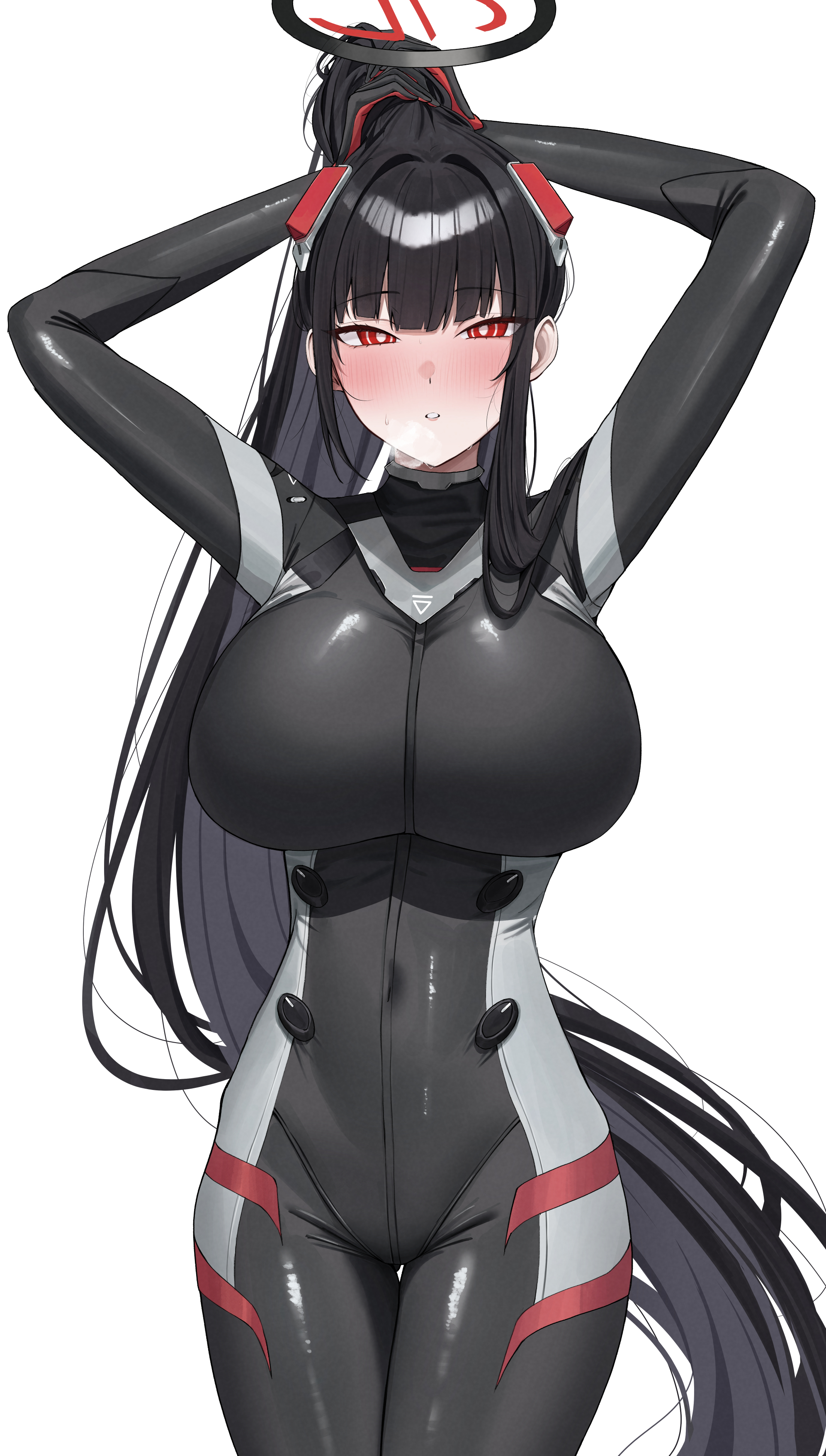 ref (pmxt4483), rio (blue archive), blue archive, absurdres, commentary, highres, 1girl, arms up, black bodysuit, black gloves, black hair, black halo, blunt bangs, blush, bodysuit, breasts, bright pupils, covered navel, gloves, hair behind ear, hair between eyes, hair ornament, halo, heavy breathing, impossible bodysuit, impossible clothes, large breasts, latex, latex bodysuit, long hair, looking at viewer, multicolored halo, official alternate costume, official alternate hairstyle, parted lips, ponytail, red eyes, ringed eyes, rio (armed) (blue archive), sidelocks, simple background, skin tight, solo, standing, sweat, thigh gap, two-tone halo, tying hair, very long hair, white background, white pupils