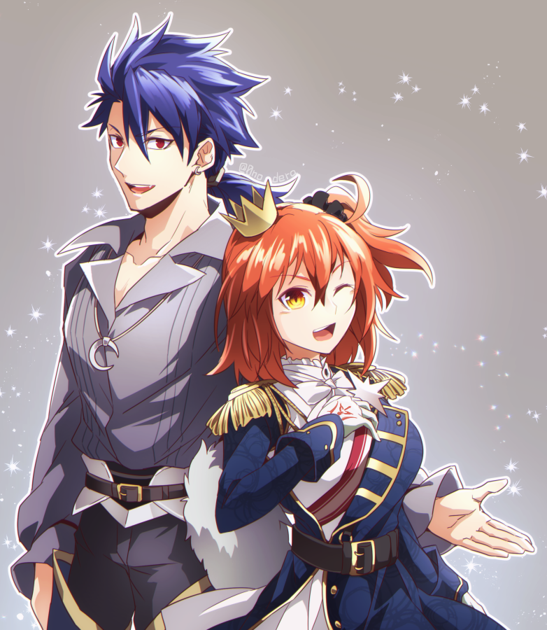 0nodera, fujimaru ritsuka (female), fujimaru ritsuka (female) (halloween royalty), fate/grand order, fate (series), commentary request, 1boy, 1girl, ahoge, belt, black belt, blue hair, collarbone, collared shirt, command spell, crescent, crescent necklace, crown, epaulettes, grey background, grey pants, grey shirt, hair between eyes, jewelry, light particles, necklace, one eye closed, open mouth, orange hair, pants, red eyes, shirt, side ponytail