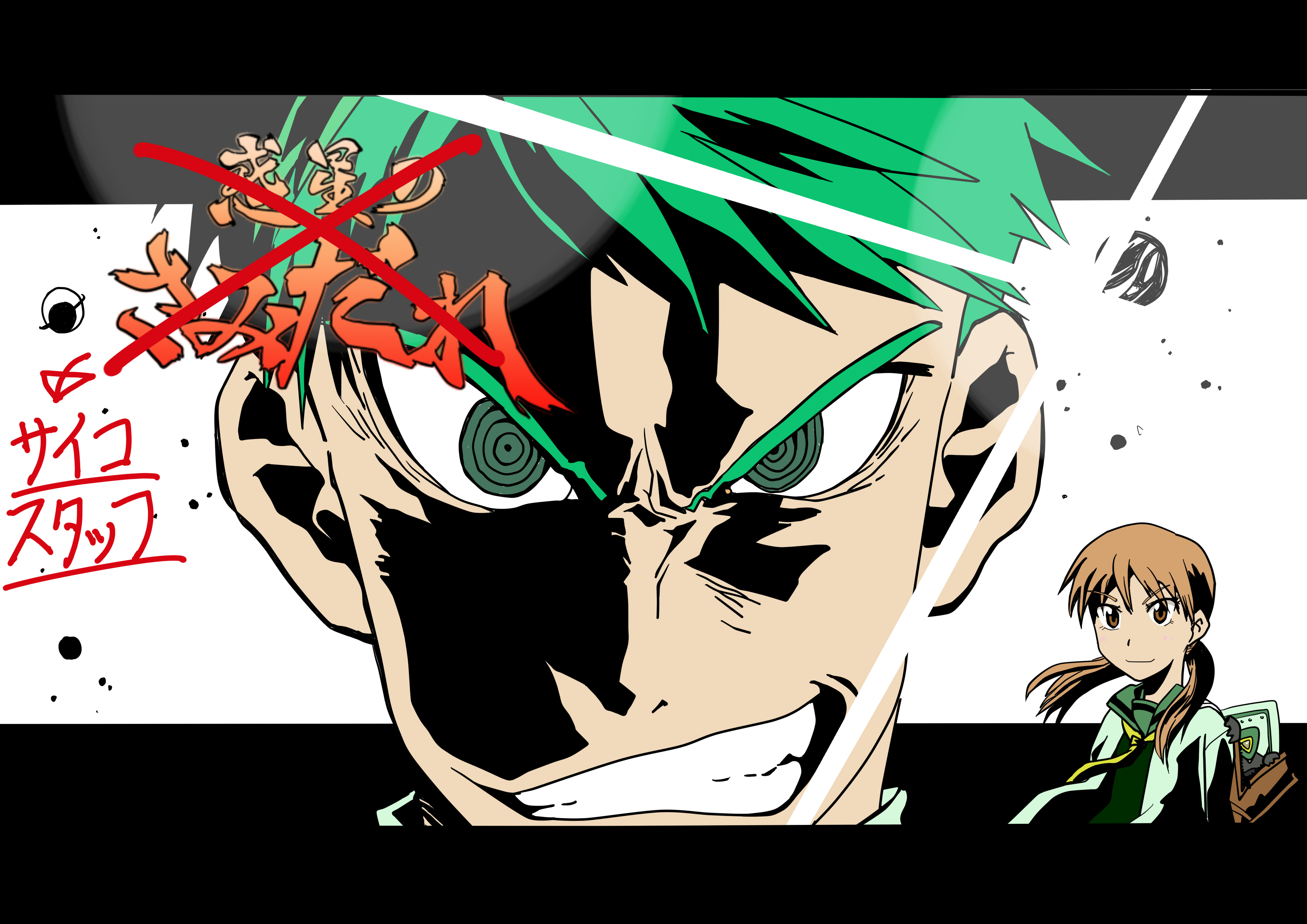 kuro no suke, hiiragi kouichi, sakuragi umeko, psycho staff, tengen toppa gurren lagann, absurdres, highres, @ @, backpack, bag, brown eyes, brown hair, cardigan, green eyes, green hair, lens flare, parody, randoseru, ringed eyes, school uniform, style parody