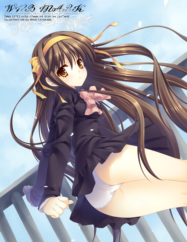 tatekawa mako, wnb mark, suzumiya haruhi, suzumiya haruhi no shoushitsu, suzumiya haruhi no yuuutsu, 10s, 1girl, alternate costume, alternate hairstyle, ass, brown eyes, brown hair, female focus, hair ribbon, hairband, kouyouen academy school uniform, long hair, official alternate hair length, official alternate hairstyle, panties, ribbon, school uniform, solo, underwear, very long hair