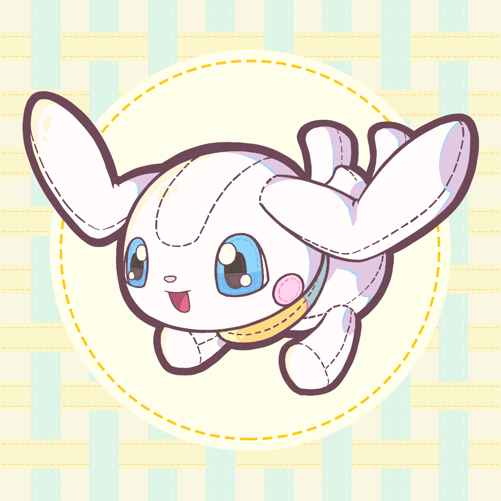 pluto.m, plotmon, digimon, commentary, commentary request, english commentary, mixed-language commentary, blue eyes, blush stickers, digimon (creature), full body, no humans, objectification, open mouth, seams, solo, stuffed toy