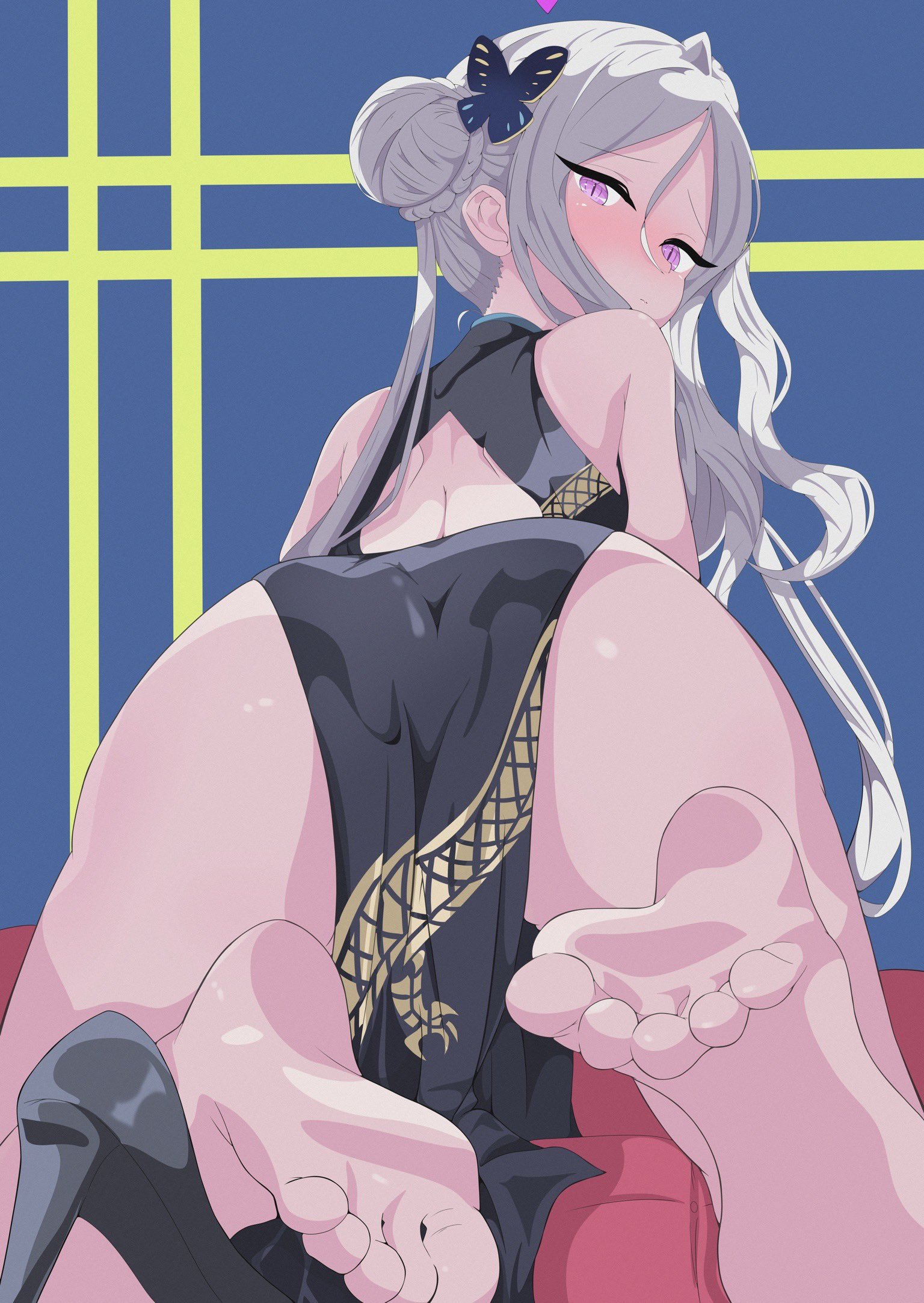 uirou (uirou2024), hina (blue archive), kisaki (blue archive), blue archive, commentary, highres, 1girl, ass, back, backless dress, backless outfit, barefoot, black dress, blue background, china dress, chinese clothes, cosplay, double bun, dress, feet, from behind, hair bun, high heels, kisaki (blue archive) (cosplay), long hair, looking at viewer, purple eyes, shoes, sleeveless, sleeveless dress, solo, unworn shoes, white hair