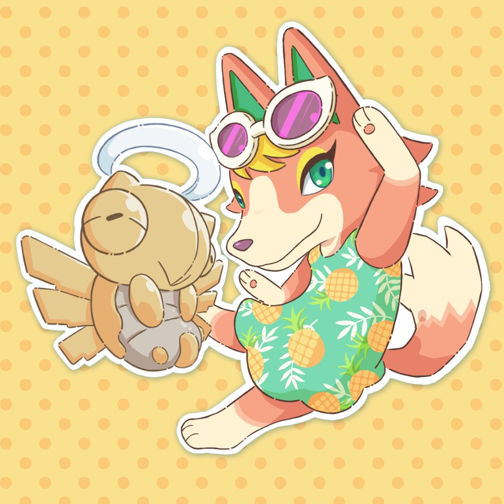 pluto.m, audie (animal crossing), shedinja, animal crossing, nintendo, pokemon, hashtag-only commentary, 1girl, blonde hair, closed mouth, crossover, dress, full body, gen 3 pokemon, green eyes, outline, pineapple print, pokemon (creature), print dress, sleeveless, sleeveless dress, white outline, wolf girl, yellow background