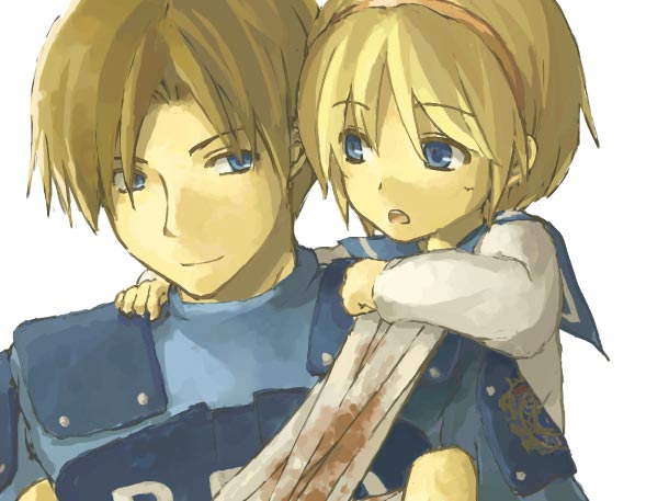 hizaki-re, leon s. kennedy, sherry birkin, capcom, resident evil, resident evil 2, 1boy, 1girl, :o, age difference, bandages, blonde hair, blood, bloody bandages, blue eyes, brown hair, carrying, child, clenched hand, eye contact, hairband, hand on another's shoulder, light smile, looking at another, piggyback, police, police uniform, policeman, school uniform, serafuku, shirt, short hair, short sleeves, shoulder pads, smile, upper body